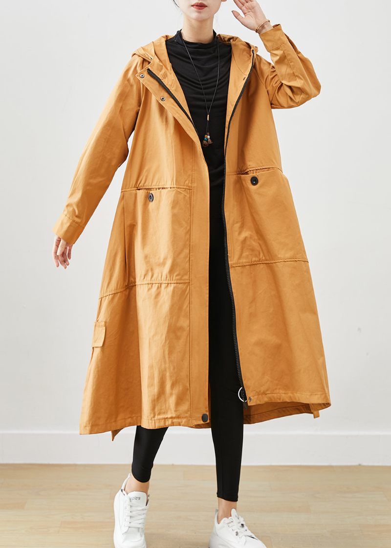 Kaki Loose Cotton Trench Coats Hooded Pockets Fall - Trenchcoats för kvinnor