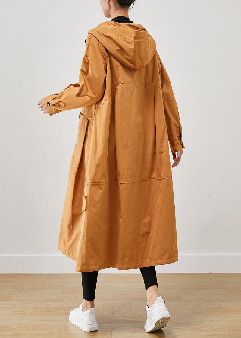 Kaki Loose Cotton Trench Coats Hooded Pockets Fall - Trenchcoats för kvinnor