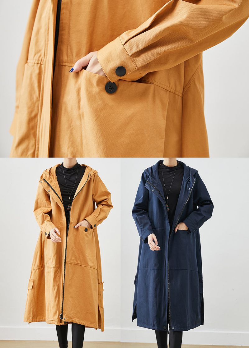 Kaki Loose Cotton Trench Coats Hooded Pockets Fall - Trenchcoats för kvinnor