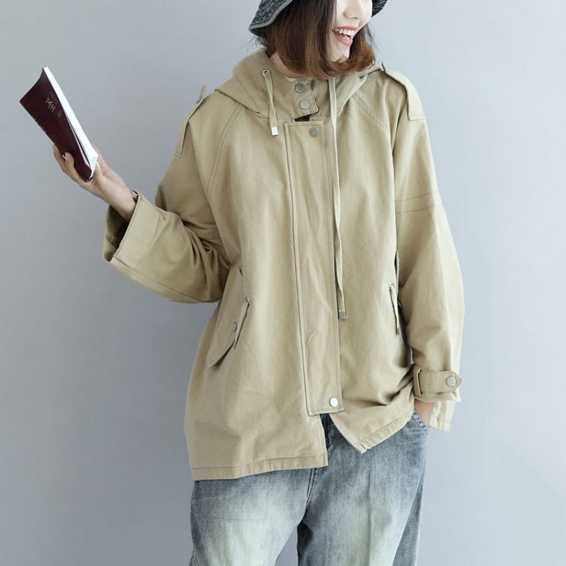 Kaki Oversized Trenchcoats Korta Hoodies Wind Breaker Ytterkläder