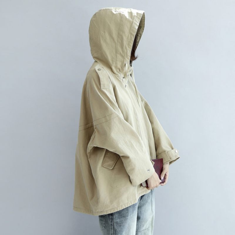 Kaki Oversized Trenchcoats Korta Hoodies Wind Breaker Ytterkläder - Te Grönt