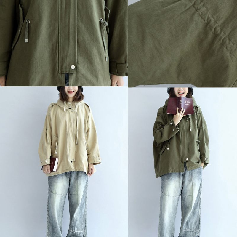 Kaki Oversized Trenchcoats Korta Hoodies Wind Breaker Ytterkläder - Te Grönt