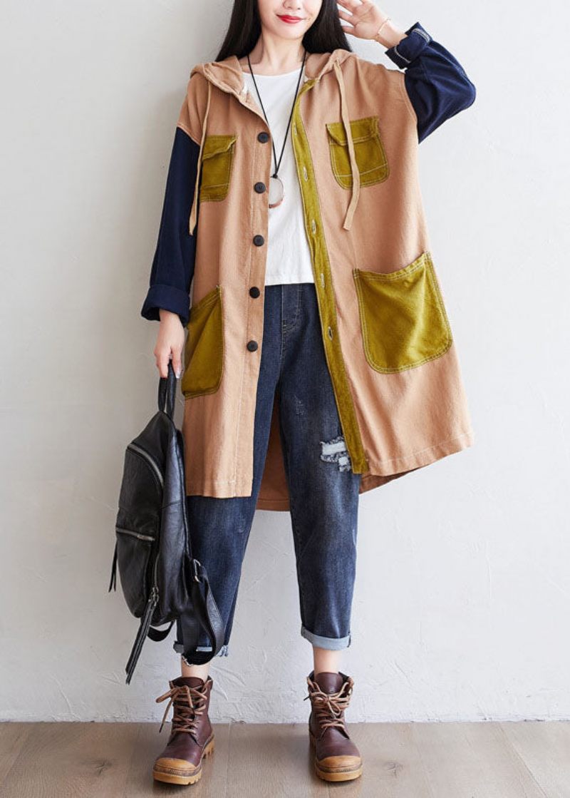 Kaki Patchwork Linne Coat Oversized Dragsko Spring - Trenchcoats för kvinnor