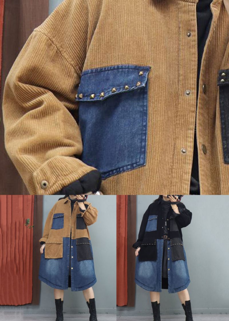 Khaki Button Denim Patchwork Långa Kappor Nit Långärmad - Vinterkappor för kvinnor