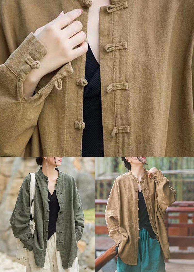 Khaki Button Patchwork Bomullsrockar Stativ Krage Spring - Vinterkappor för kvinnor