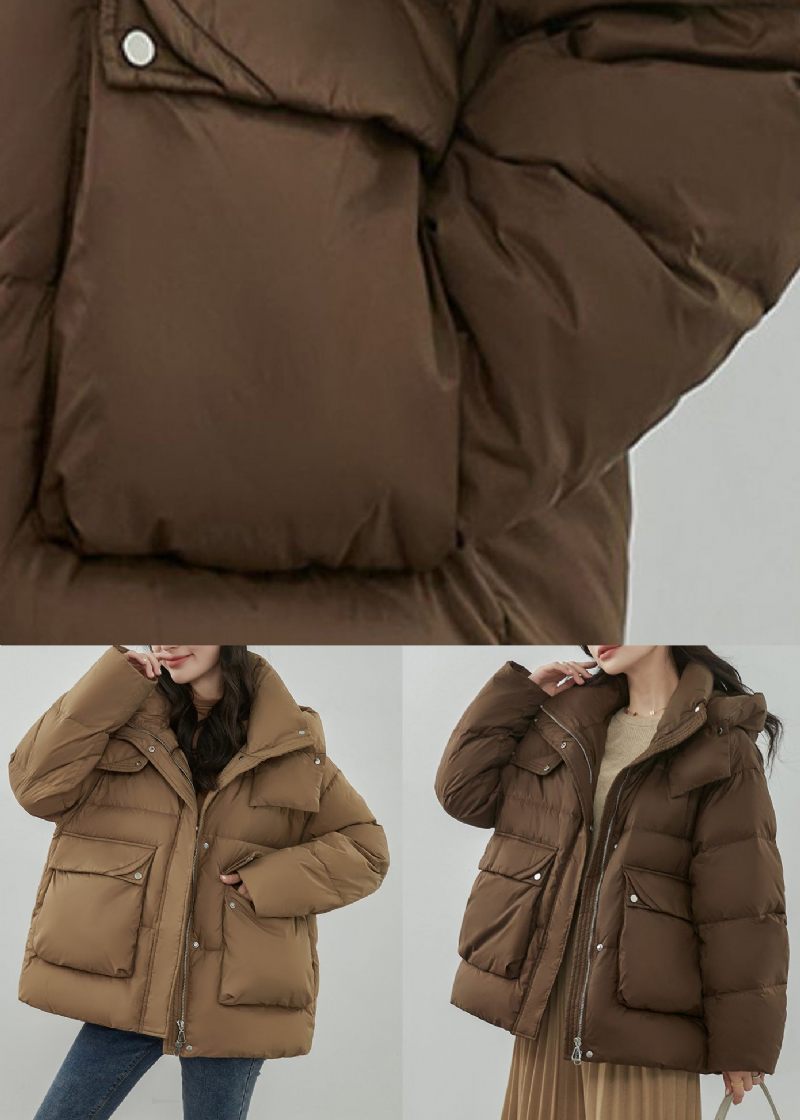 Khaki Button Patchwork Duck Down Coat Hooded Long Sleeve - Dunjackor för kvinnor