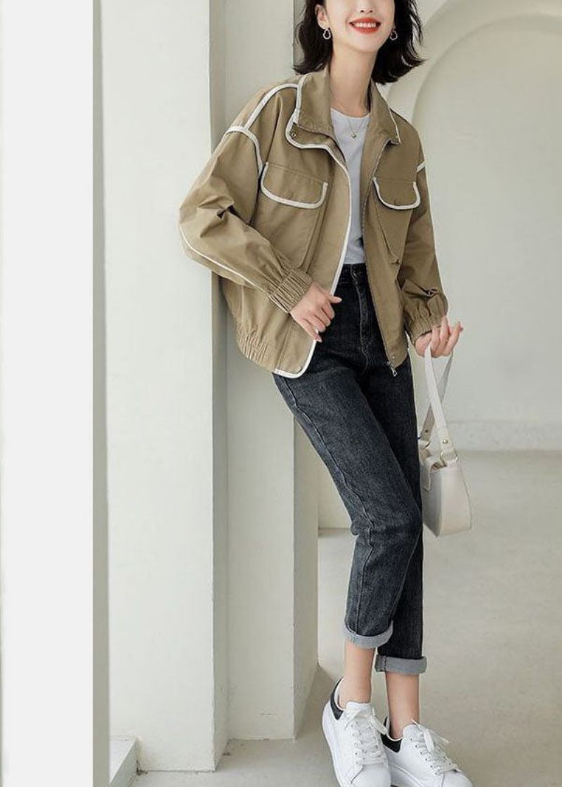 Khaki Loose Coat Ytterkläder Zip Up Pockets Spring - Vinterkappor för kvinnor