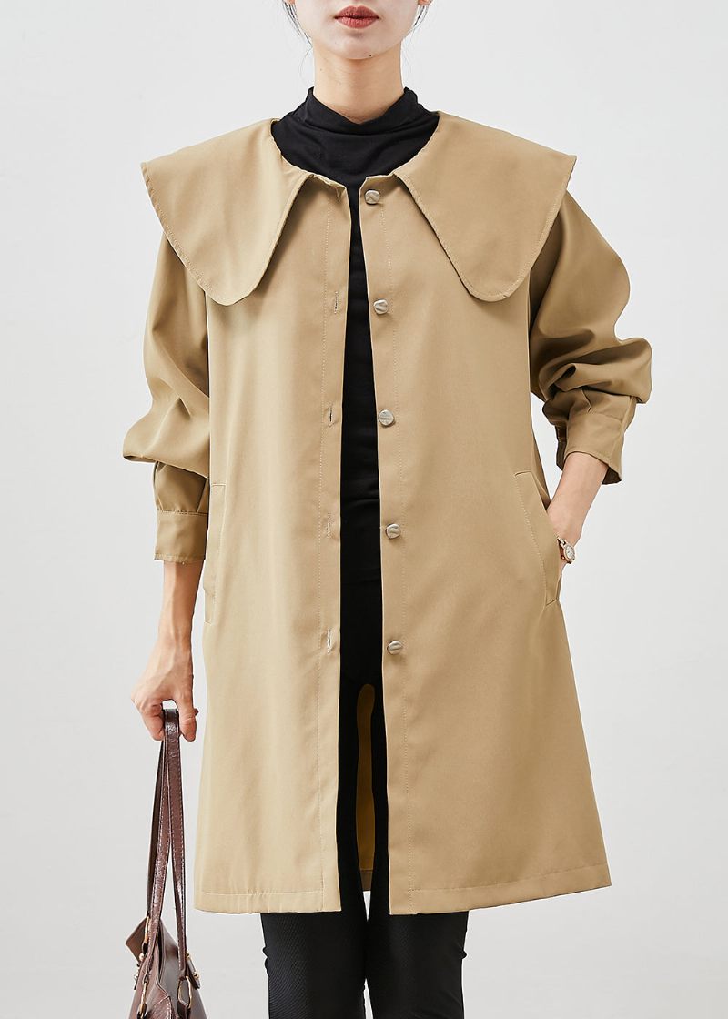 Khaki Oversized Cotton Coat Trench Peter Pan Collar Fall - Trenchcoats för kvinnor