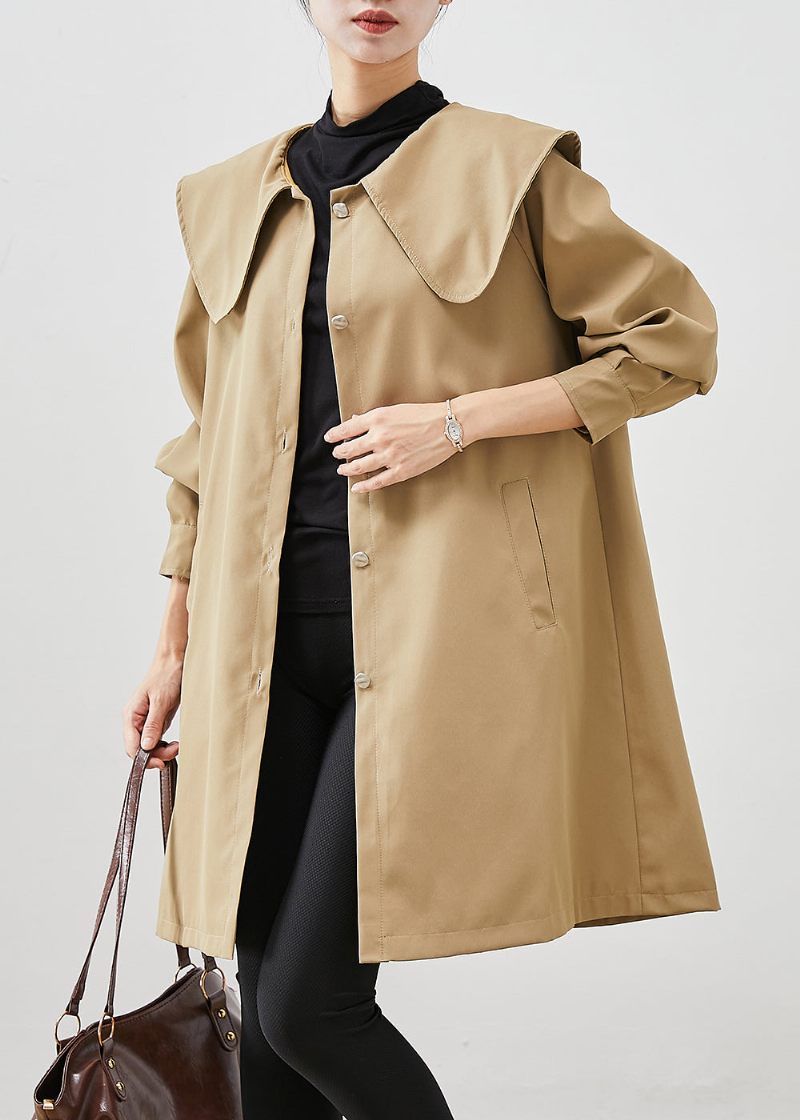 Khaki Oversized Cotton Coat Trench Peter Pan Collar Fall - Trenchcoats för kvinnor