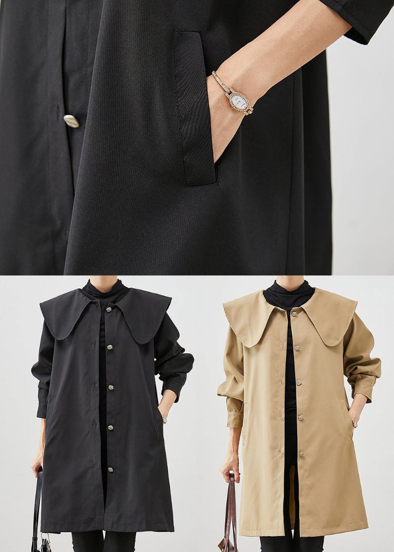 Khaki Oversized Cotton Coat Trench Peter Pan Collar Fall - Trenchcoats för kvinnor