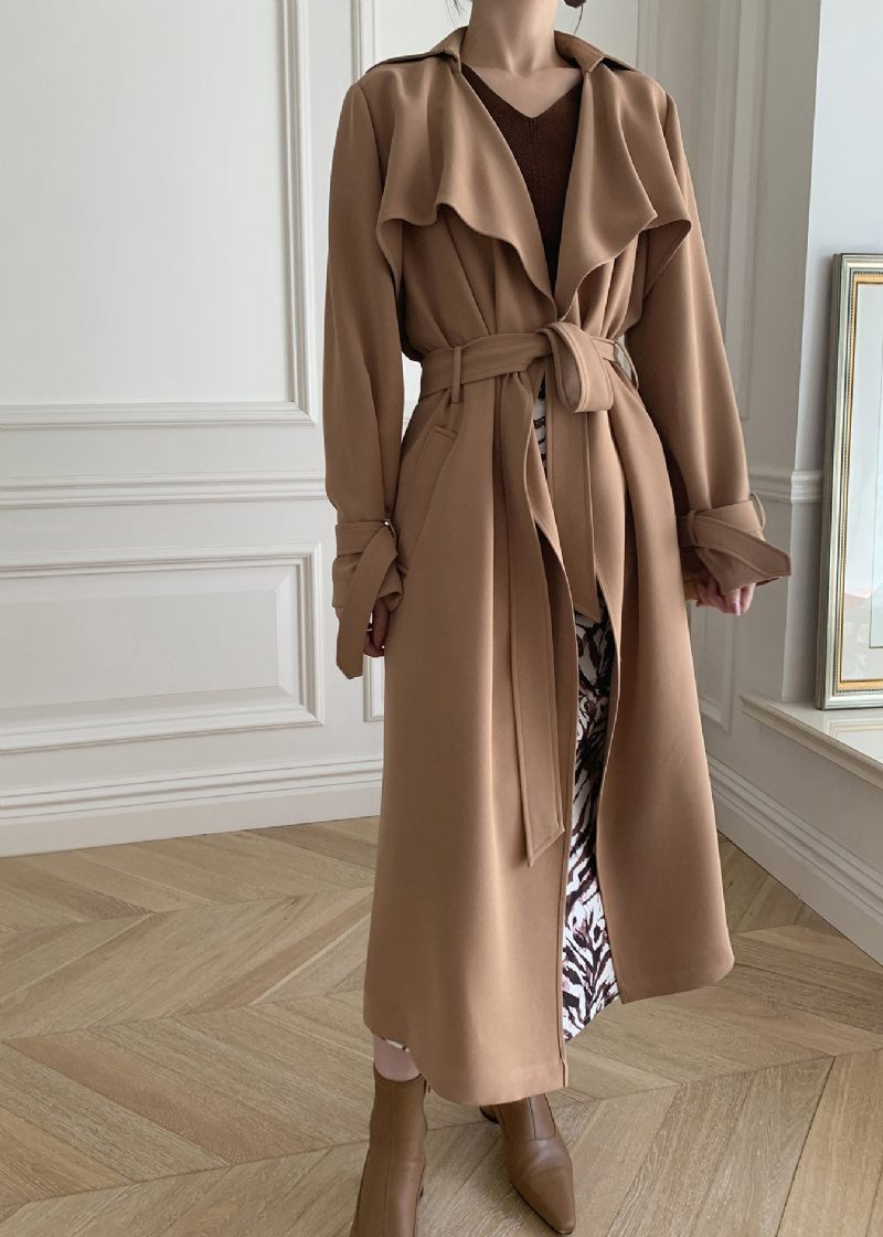 Khaki Peter Pan Krage Tie Midja Trench Coats Långärmad