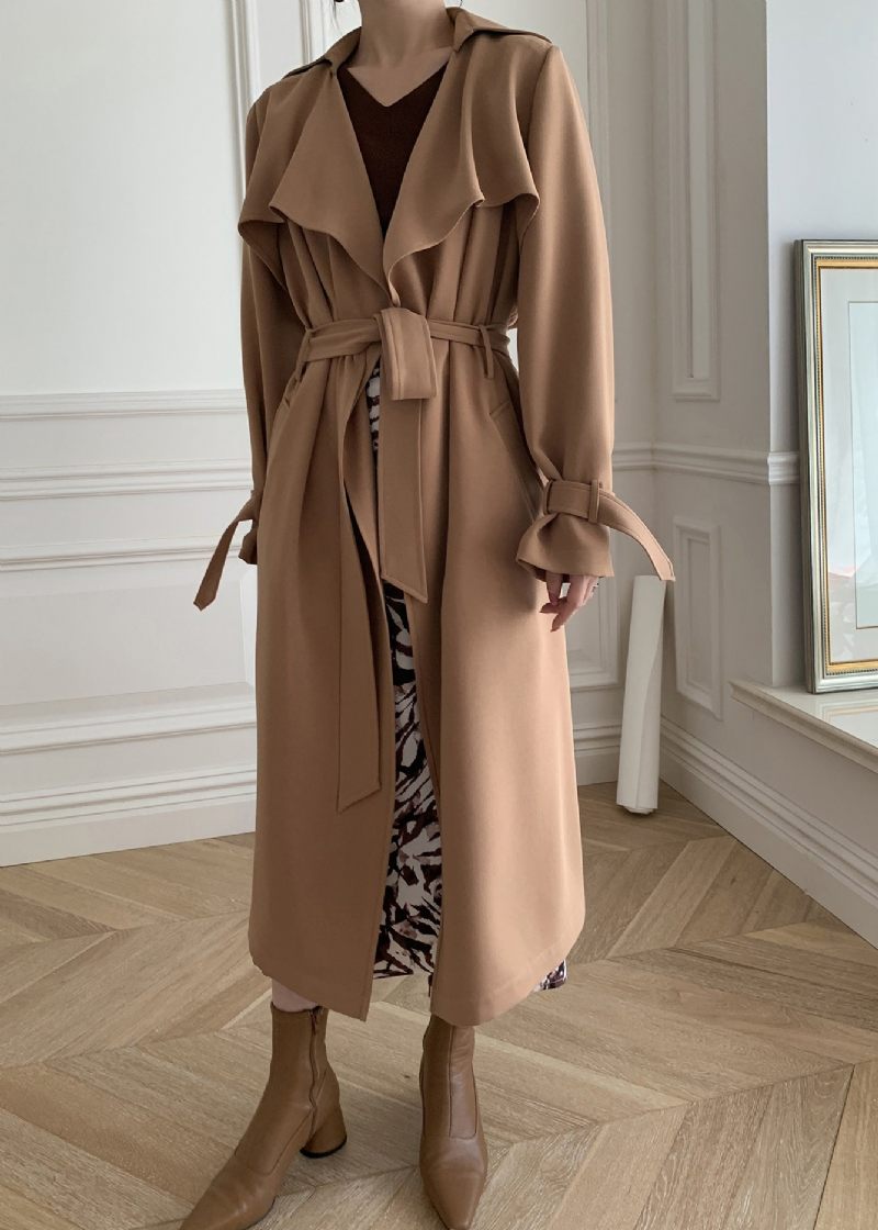 Khaki Peter Pan Krage Tie Midja Trench Coats Långärmad - Kaki