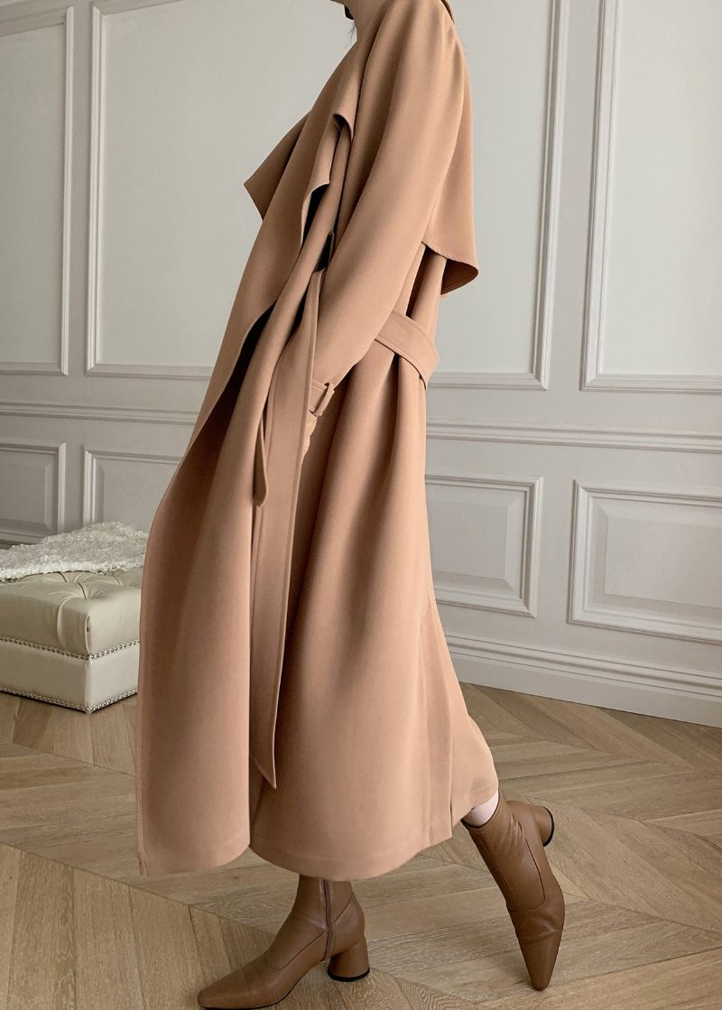 Khaki Peter Pan Krage Tie Midja Trench Coats Långärmad - Kaki