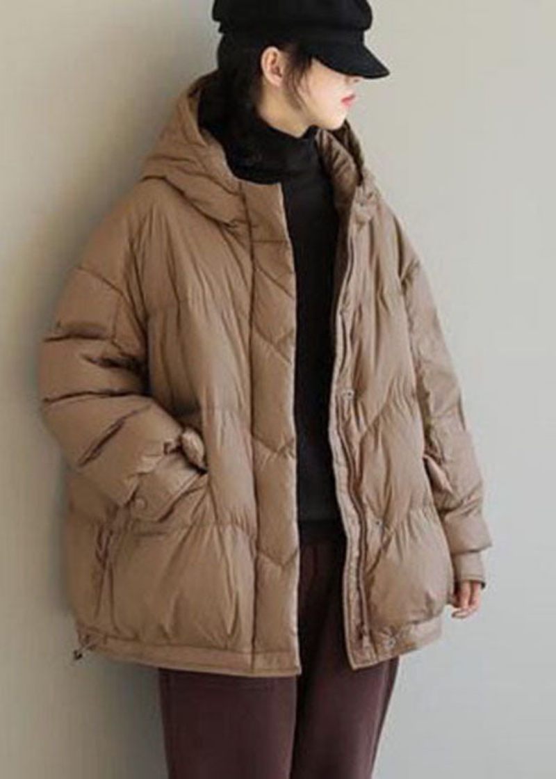 Khaki Solid Duck Down Puffer Jacka Hooded Pockets Winter - Kaki