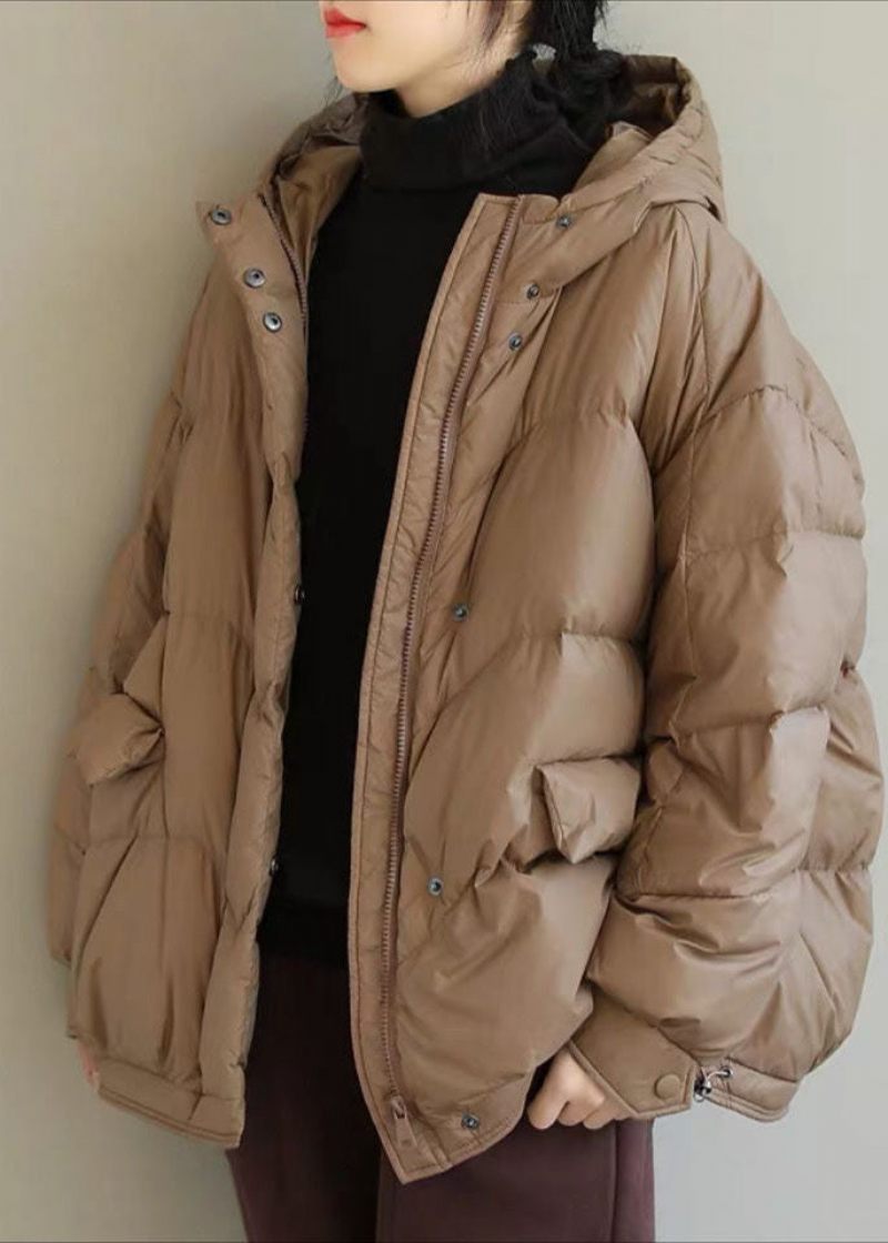 Khaki Solid Duck Down Puffer Jacka Hooded Pockets Winter - Kaki