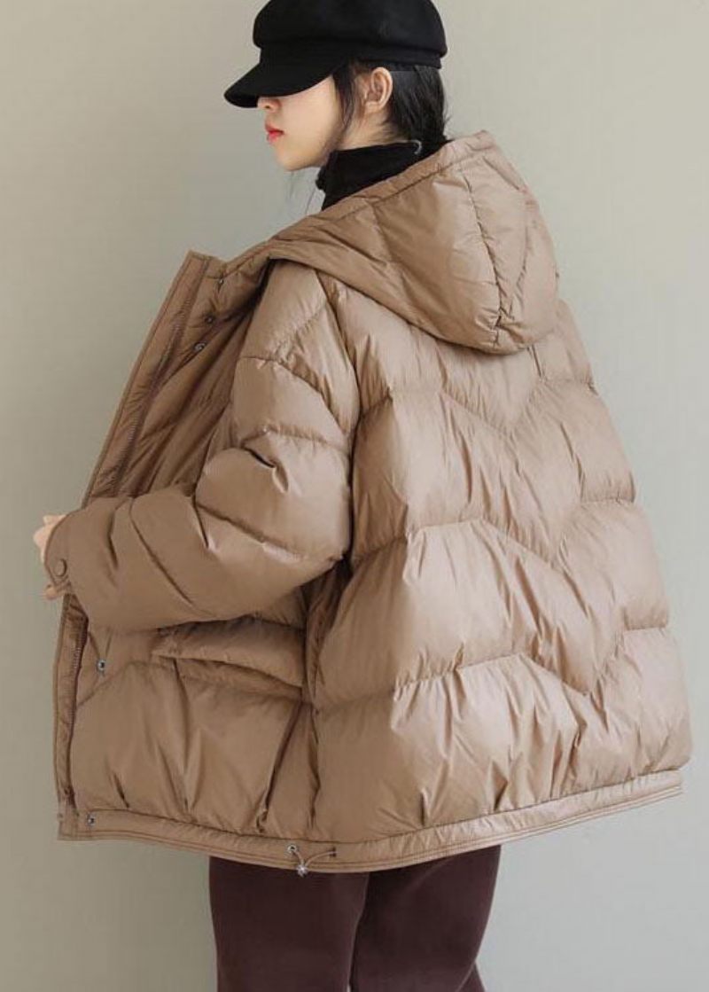 Khaki Solid Duck Down Puffer Jacka Hooded Pockets Winter - Kaki