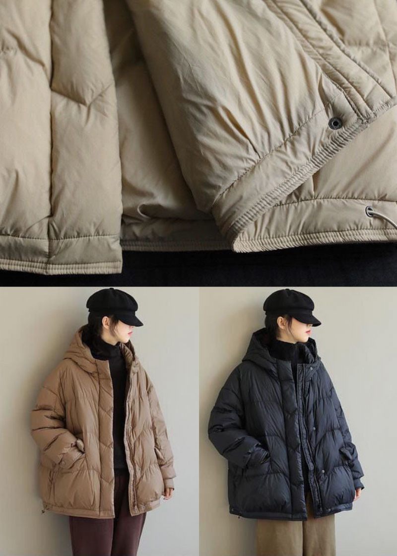 Khaki Solid Duck Down Puffer Jacka Hooded Pockets Winter - Kaki