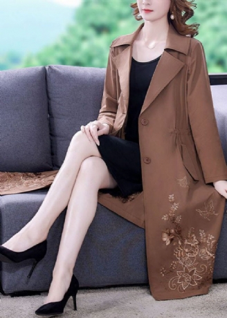 Khaki Solid Spandex Cinch Trench Coat Naggad Krage Fall