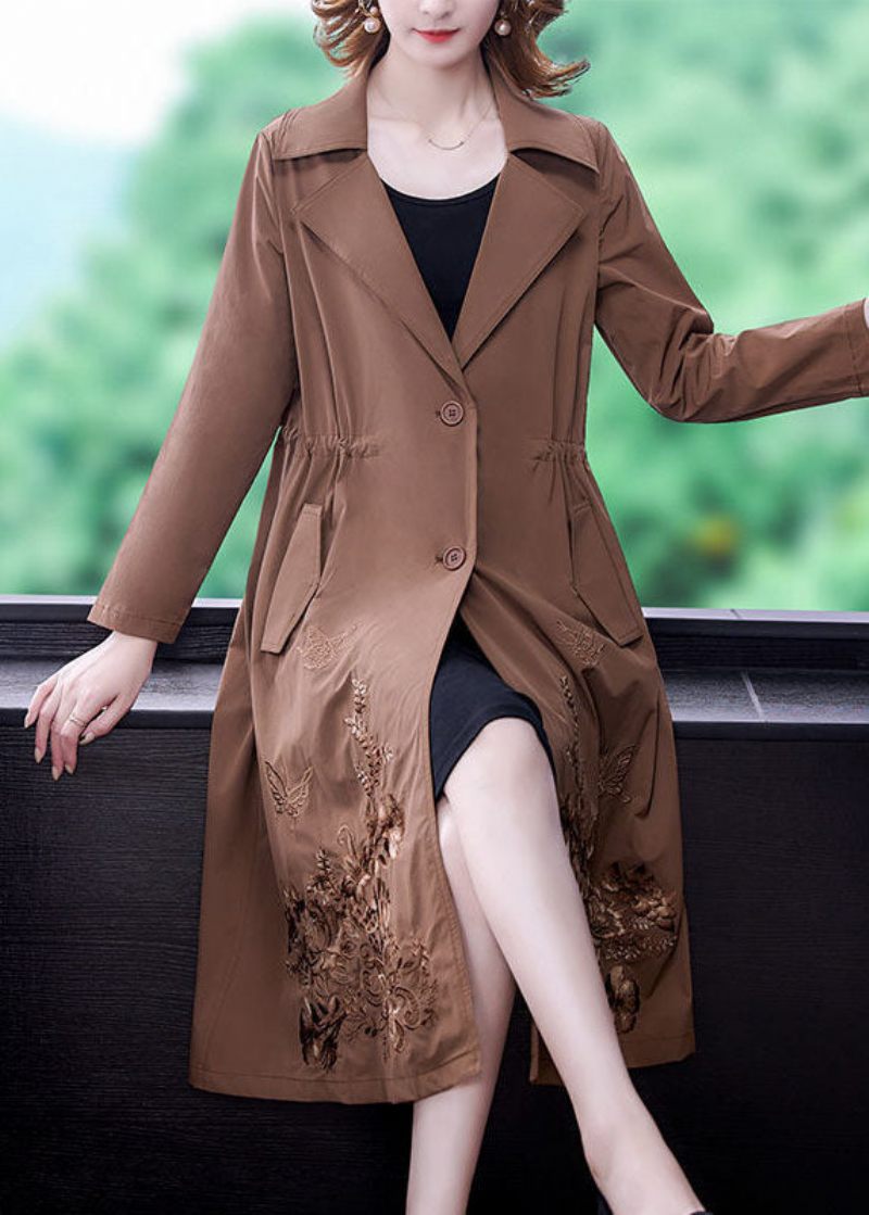 Khaki Solid Spandex Cinch Trench Coat Naggad Krage Fall - Kaki