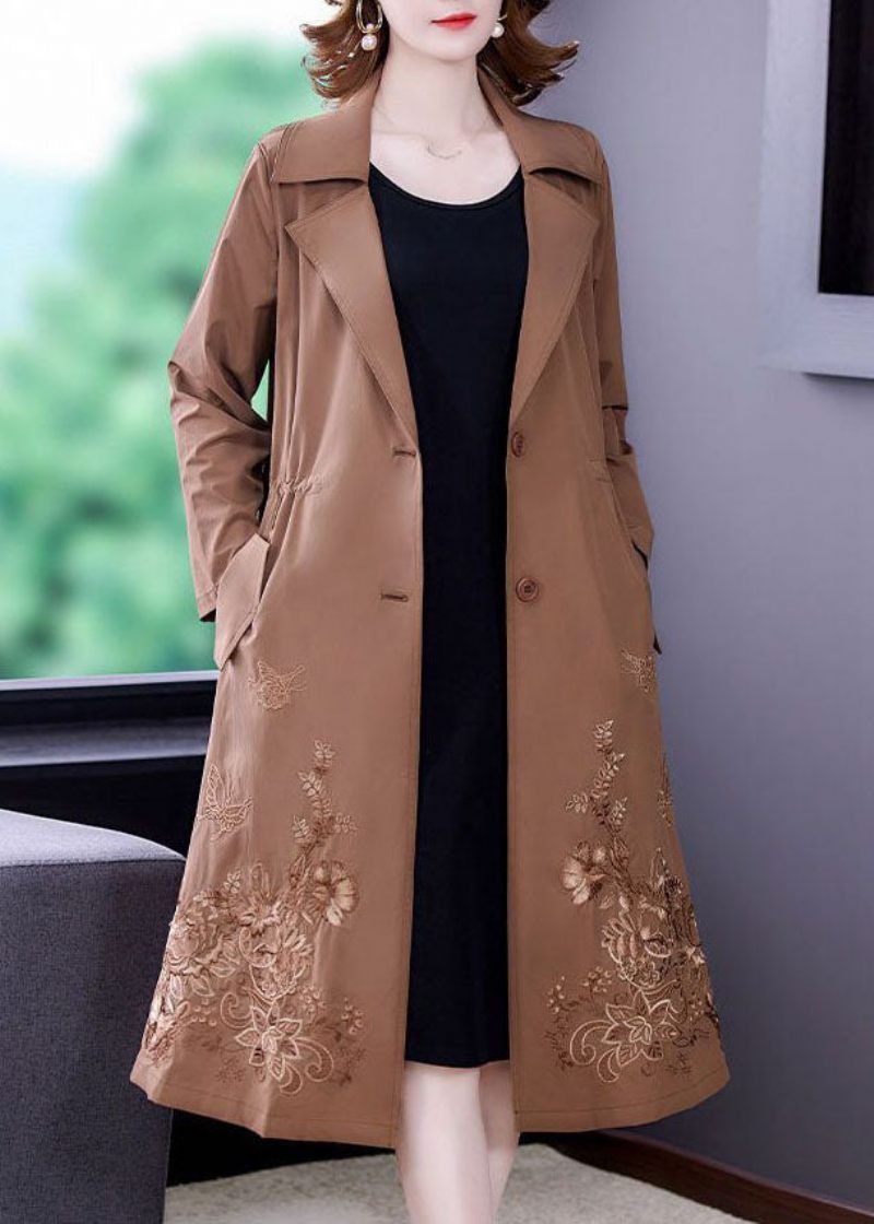 Khaki Solid Spandex Cinch Trench Coat Naggad Krage Fall - Kaki