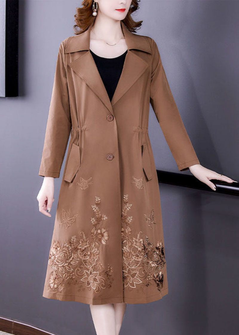 Khaki Solid Spandex Cinch Trench Coat Naggad Krage Fall - Kaki