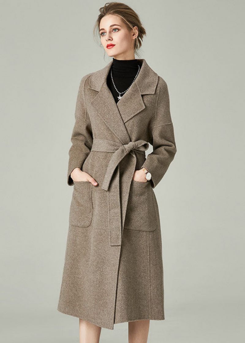 Khaki Solid Woolen Warp Coats Peter Pan Krage Sashes Winter