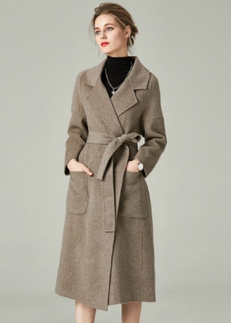 Khaki Solid Woolen Warp Coats Peter Pan Krage Sashes Winter