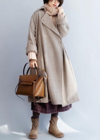 Khaki Woolen Coat Dam Löstsittande Flare Sleeve Jackor Vinterjackor