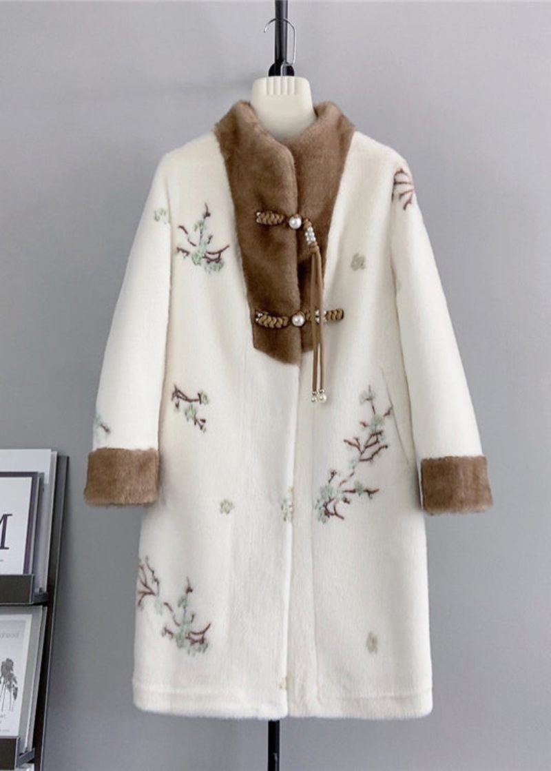 Kinesisk Stil Beige Tofs Broderad Mink Cashmere Coat Vinter