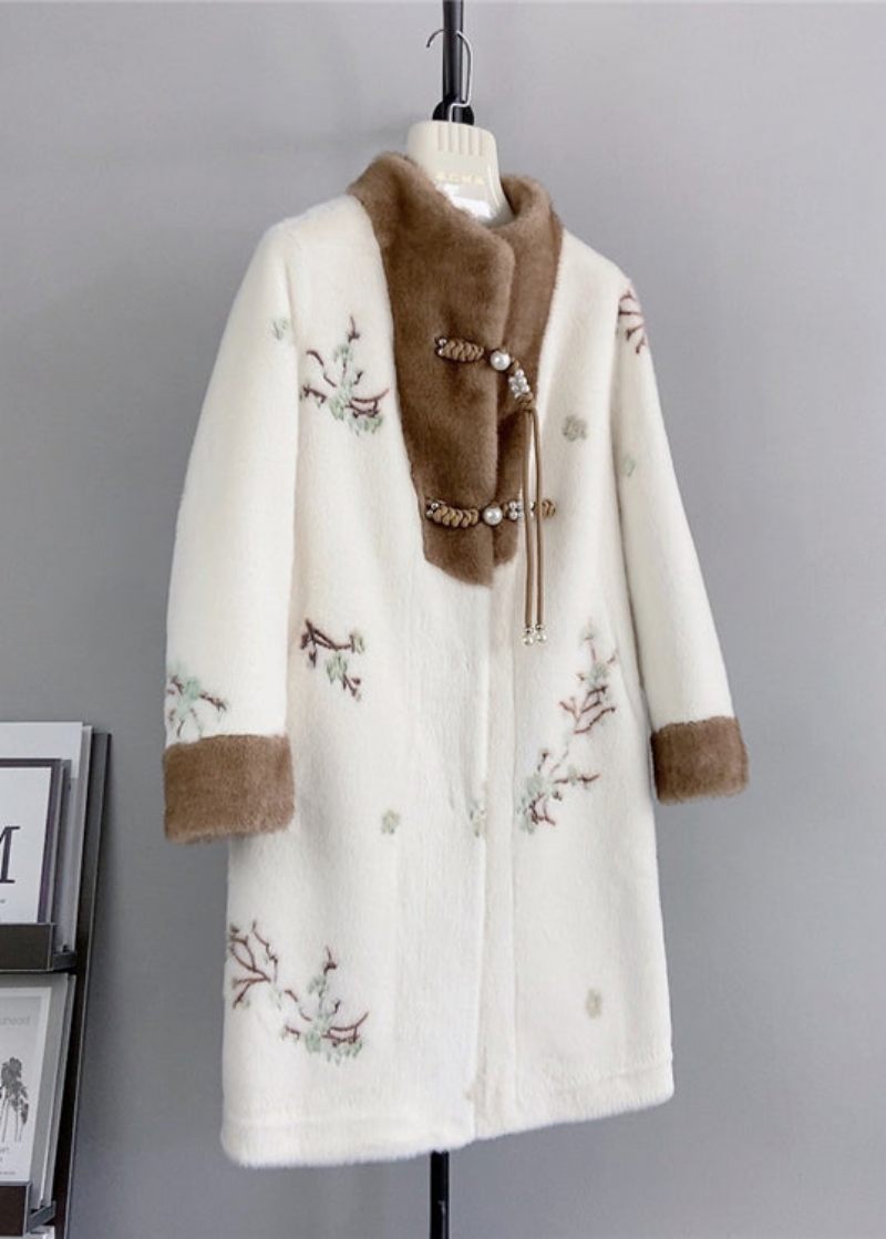 Kinesisk Stil Beige Tofs Broderad Mink Cashmere Coat Vinter - Vinterkappor för kvinnor