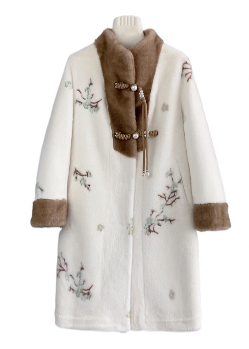 Kinesisk Stil Beige Tofs Broderad Mink Cashmere Coat Vinter - Vinterkappor för kvinnor