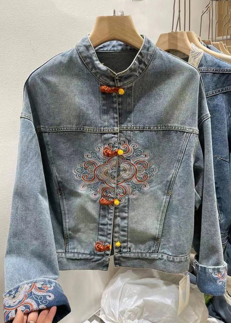 Kinesisk Stil Blå Broderad Knapp Denim Coat Spring