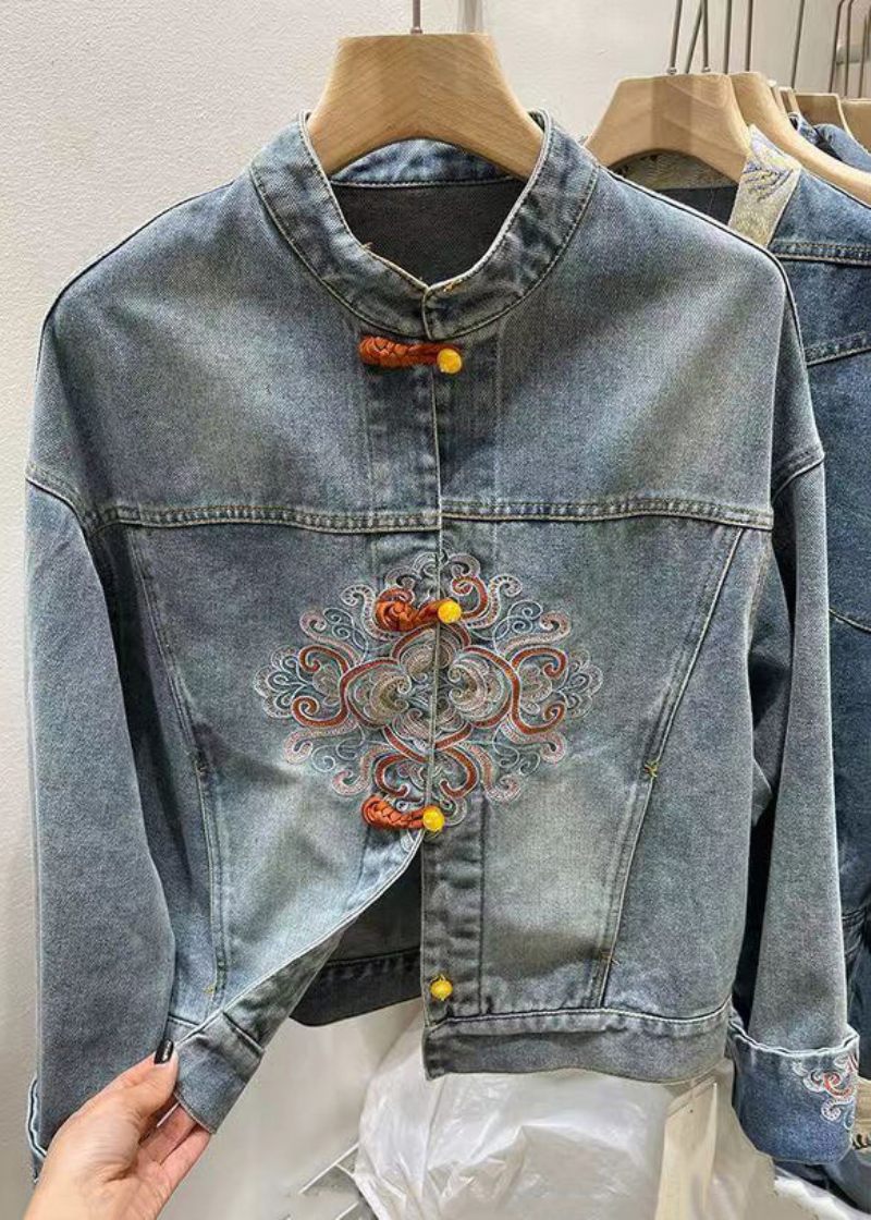 Kinesisk Stil Blå Broderad Knapp Denim Coat Spring - Vinterkappor för kvinnor