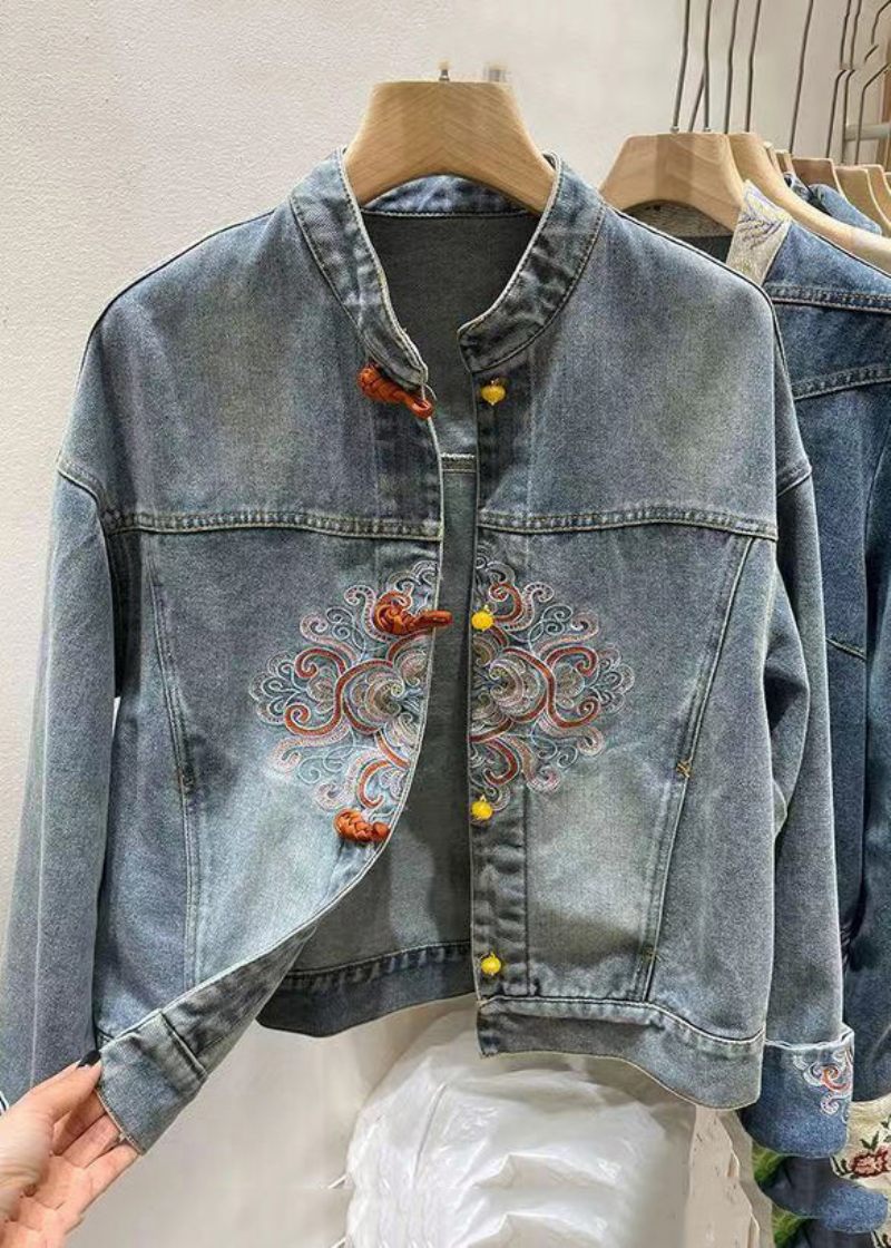 Kinesisk Stil Blå Broderad Knapp Denim Coat Spring - Vinterkappor för kvinnor