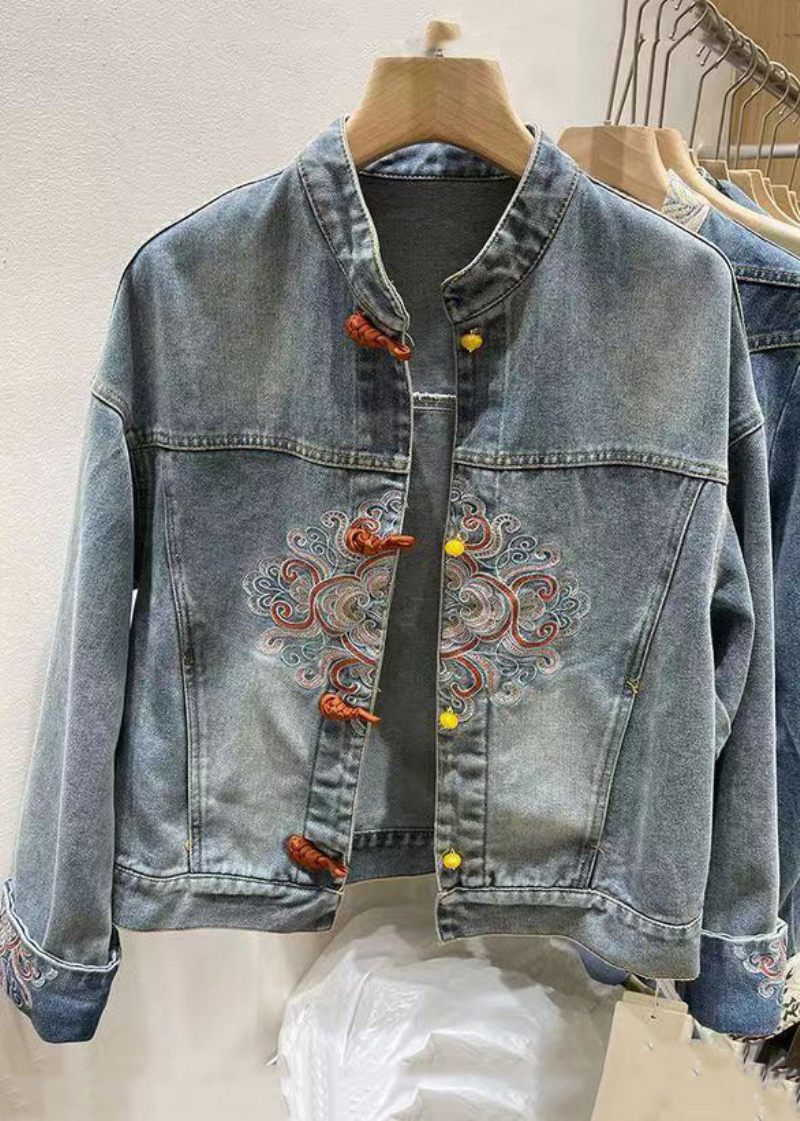 Kinesisk Stil Blå Broderad Knapp Denim Coat Spring - Vinterkappor för kvinnor