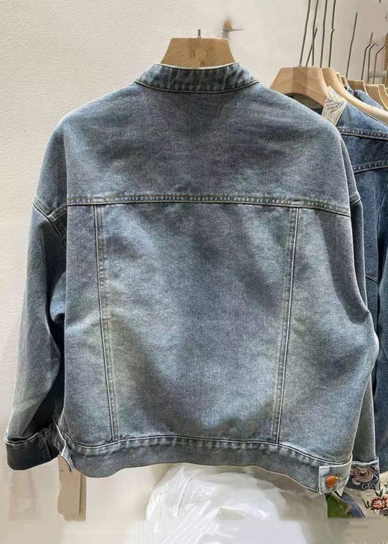 Kinesisk Stil Blå Broderad Knapp Denim Coat Spring - Vinterkappor för kvinnor