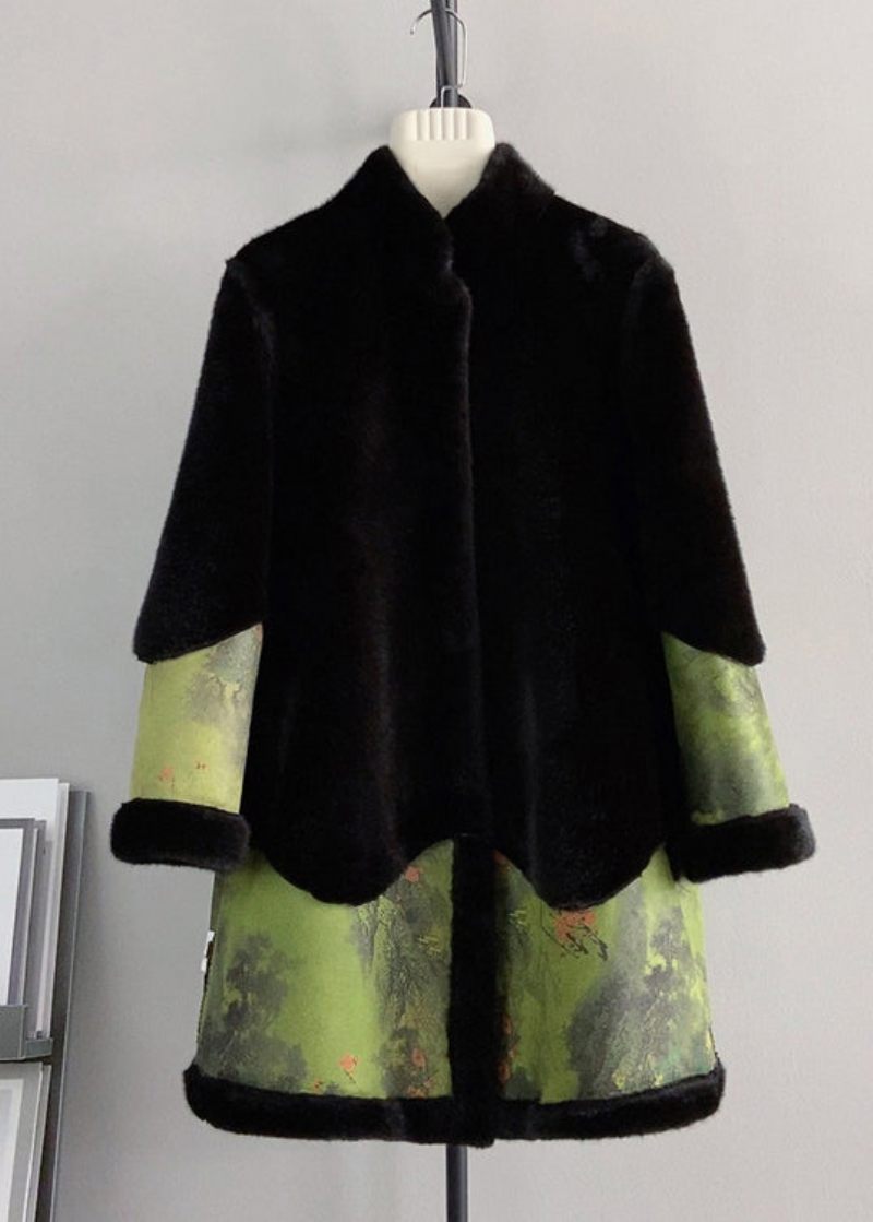 Kinesisk Stil Colorblock Stativ Krage Patchwork Mink Velvet Coat Vinter - Vinterkappor för kvinnor