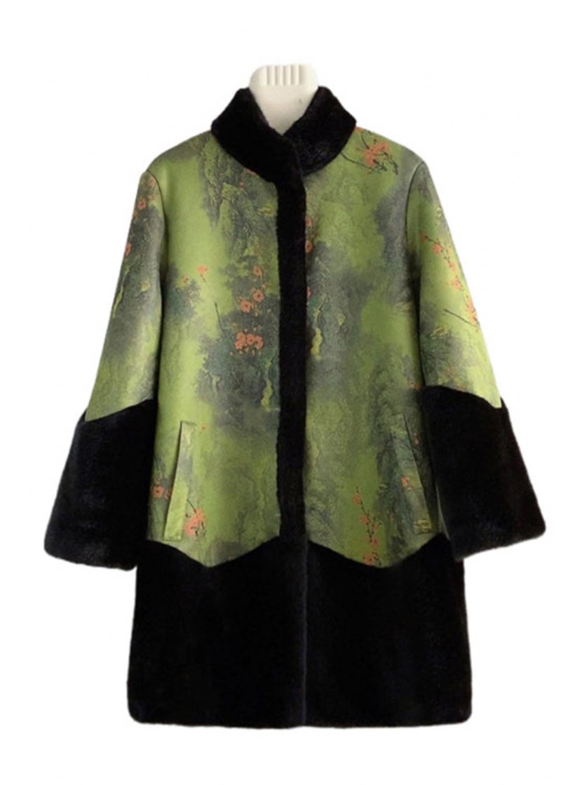 Kinesisk Stil Colorblock Stativ Krage Patchwork Mink Velvet Coat Vinter - Vinterkappor för kvinnor