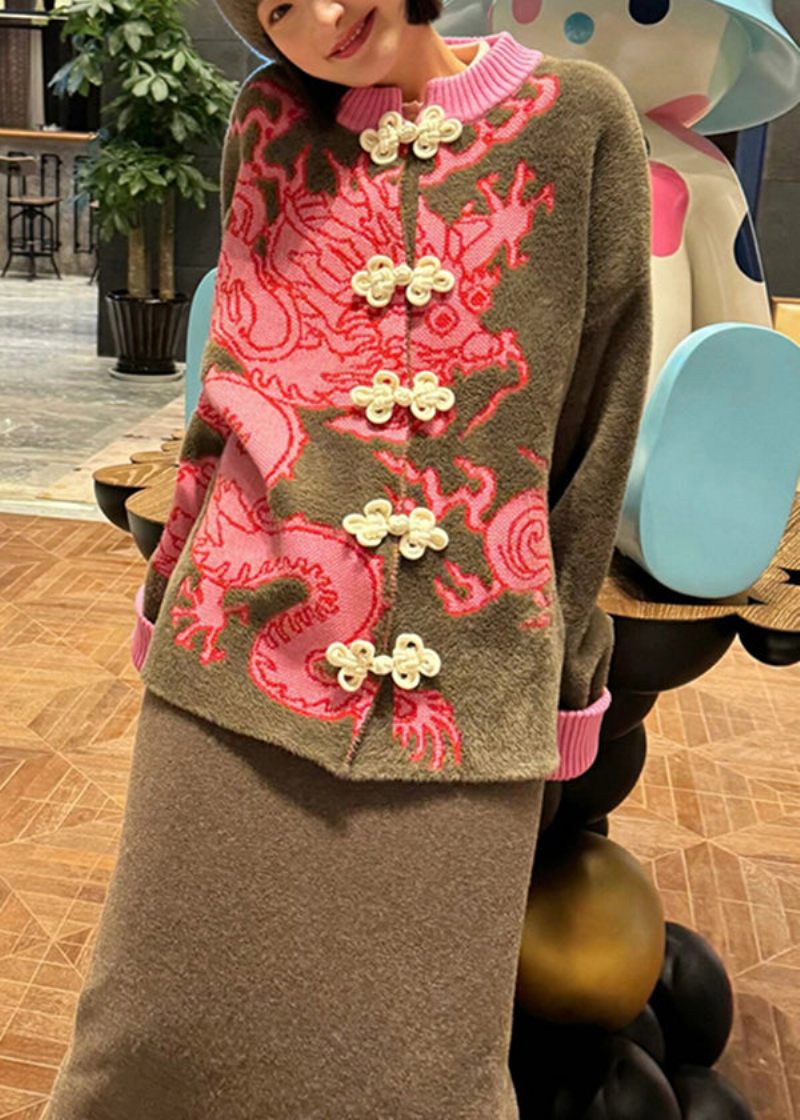 Kinesisk Stil Dragon Jacquard Oriental Button Stickad Cardigan Spring - Koftor för kvinnor