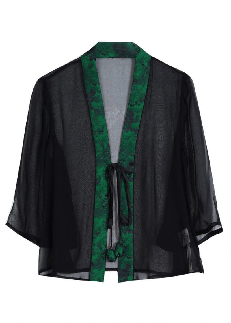 Kinesisk Stil Grön V-hals Snörning Patchwork Silk Cardigan Summer - Koftor för kvinnor