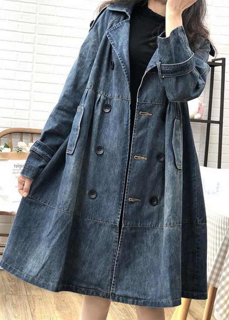 Konst Blå Peter Pan Krage Fickor Knapp Höst Denim Trench Coats Coat