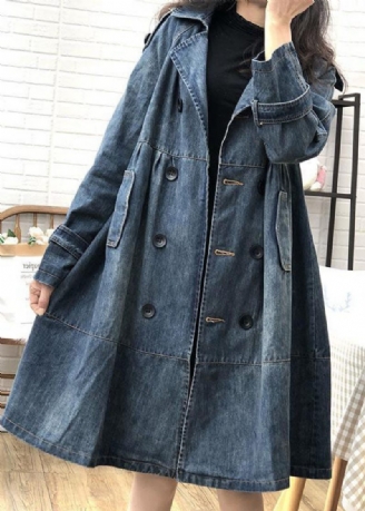 Konst Blå Peter Pan Krage Fickor Knapp Höst Denim Trench Coats Coat