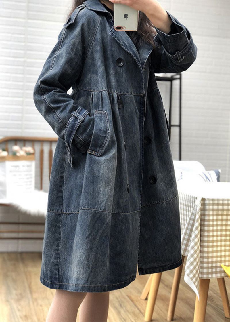 Konst Blå Peter Pan Krage Fickor Knapp Höst Denim Trench Coats Coat - Trenchcoats för kvinnor