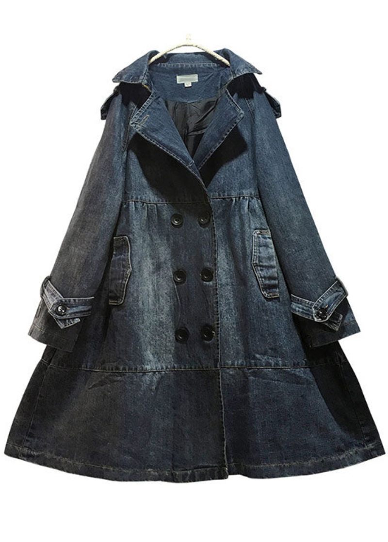 Konst Blå Peter Pan Krage Fickor Knapp Höst Denim Trench Coats Coat - Trenchcoats för kvinnor