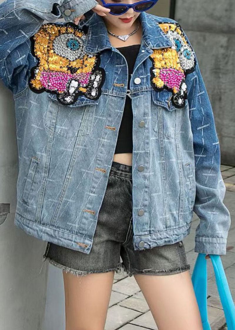 Konst Blå Peter Pan Krage Patchwork Button Nagelpärla Fall Denim Coat - Vinterkappor för kvinnor