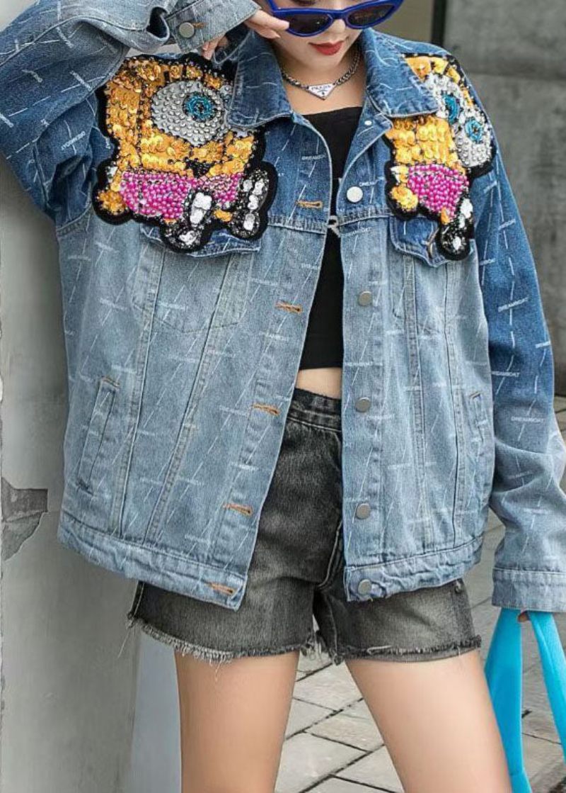 Konst Blå Peter Pan Krage Patchwork Button Nagelpärla Fall Denim Coat - Vinterkappor för kvinnor