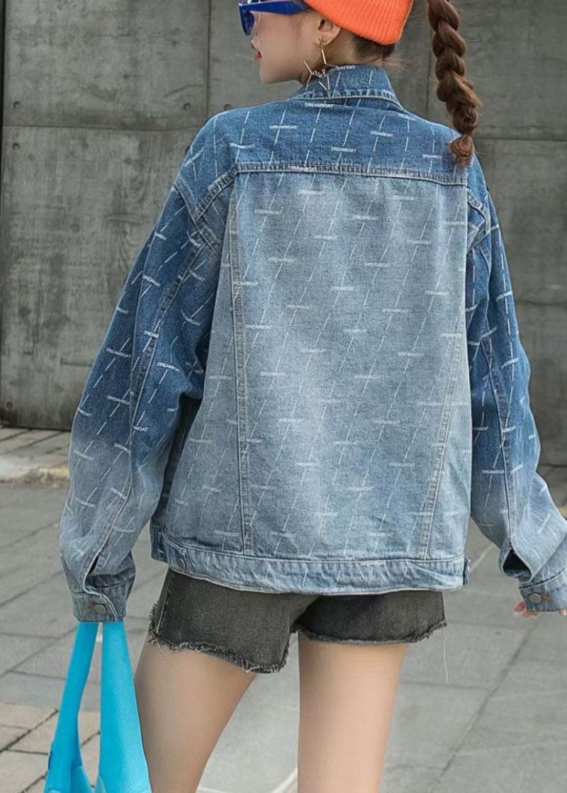 Konst Blå Peter Pan Krage Patchwork Button Nagelpärla Fall Denim Coat - Vinterkappor för kvinnor