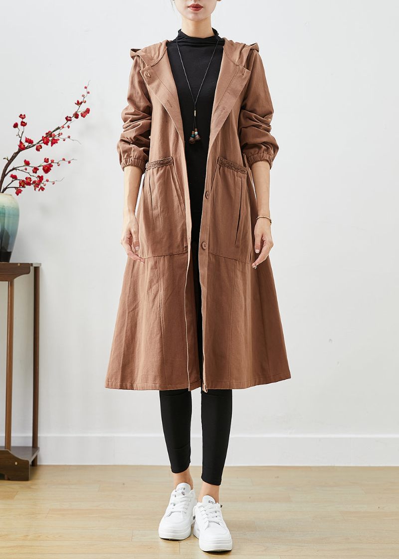 Konst Kaffe Hooded Fickor Bomull Trench Coats Fall - Trenchcoats för kvinnor