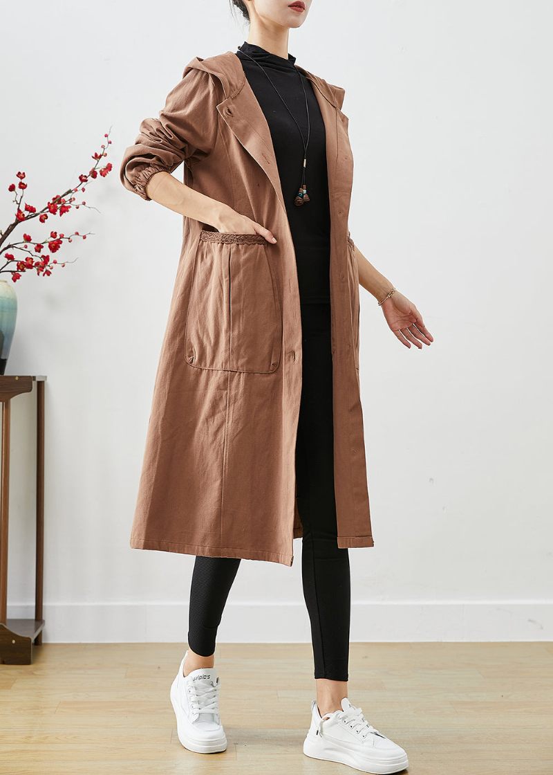 Konst Kaffe Hooded Fickor Bomull Trench Coats Fall - Trenchcoats för kvinnor