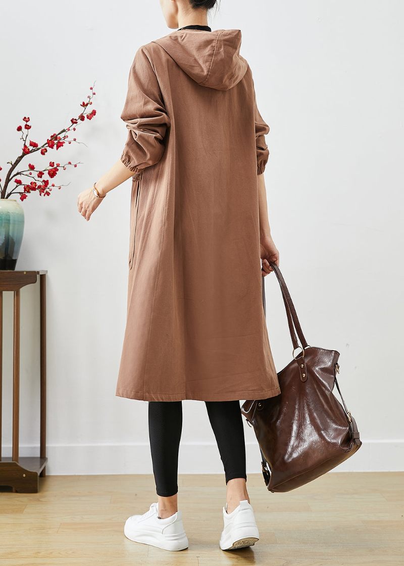 Konst Kaffe Hooded Fickor Bomull Trench Coats Fall - Trenchcoats för kvinnor